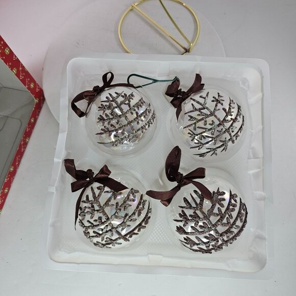 Set Of 4 Dillards Trimmings Glass Christmas Ornaments Glitter Tree Brown Ribbon - Picture 8 of 8